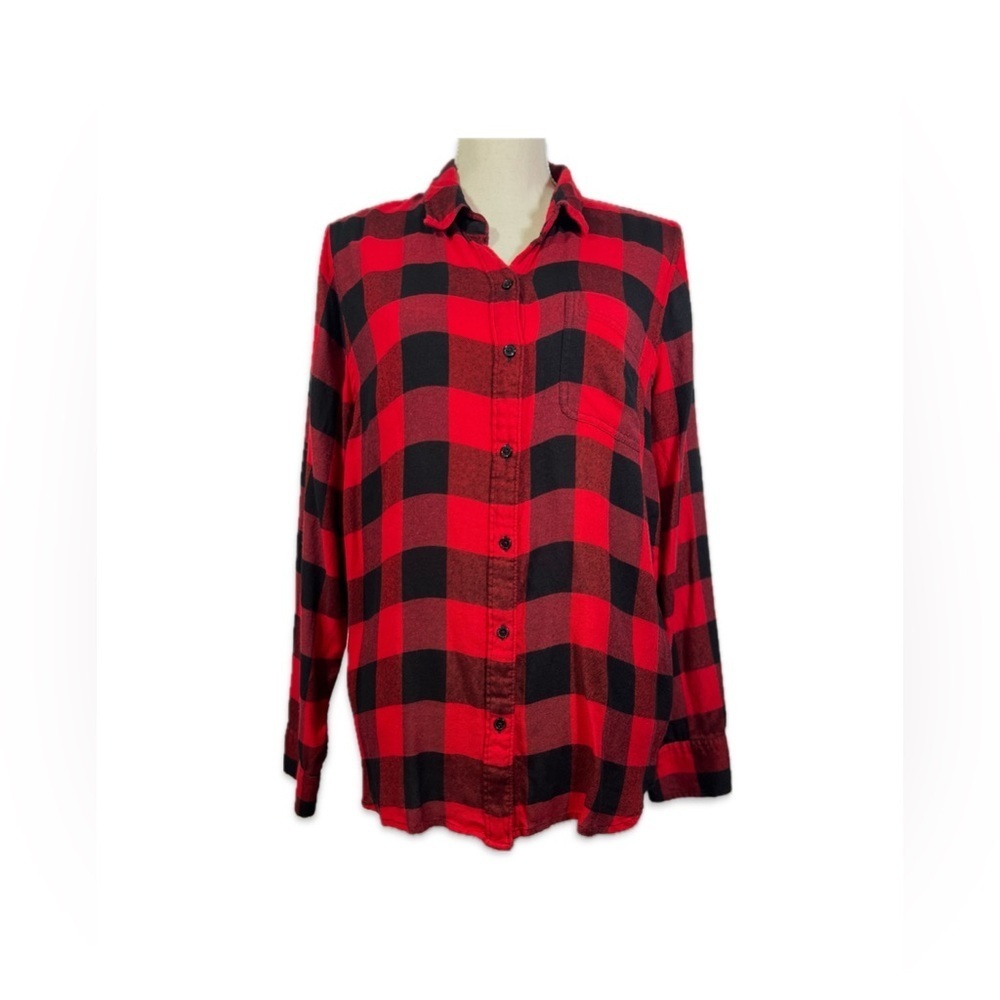 Lucky Brand Women’s L Red Black Plaid Flannel Button Down Shirt Overshirt